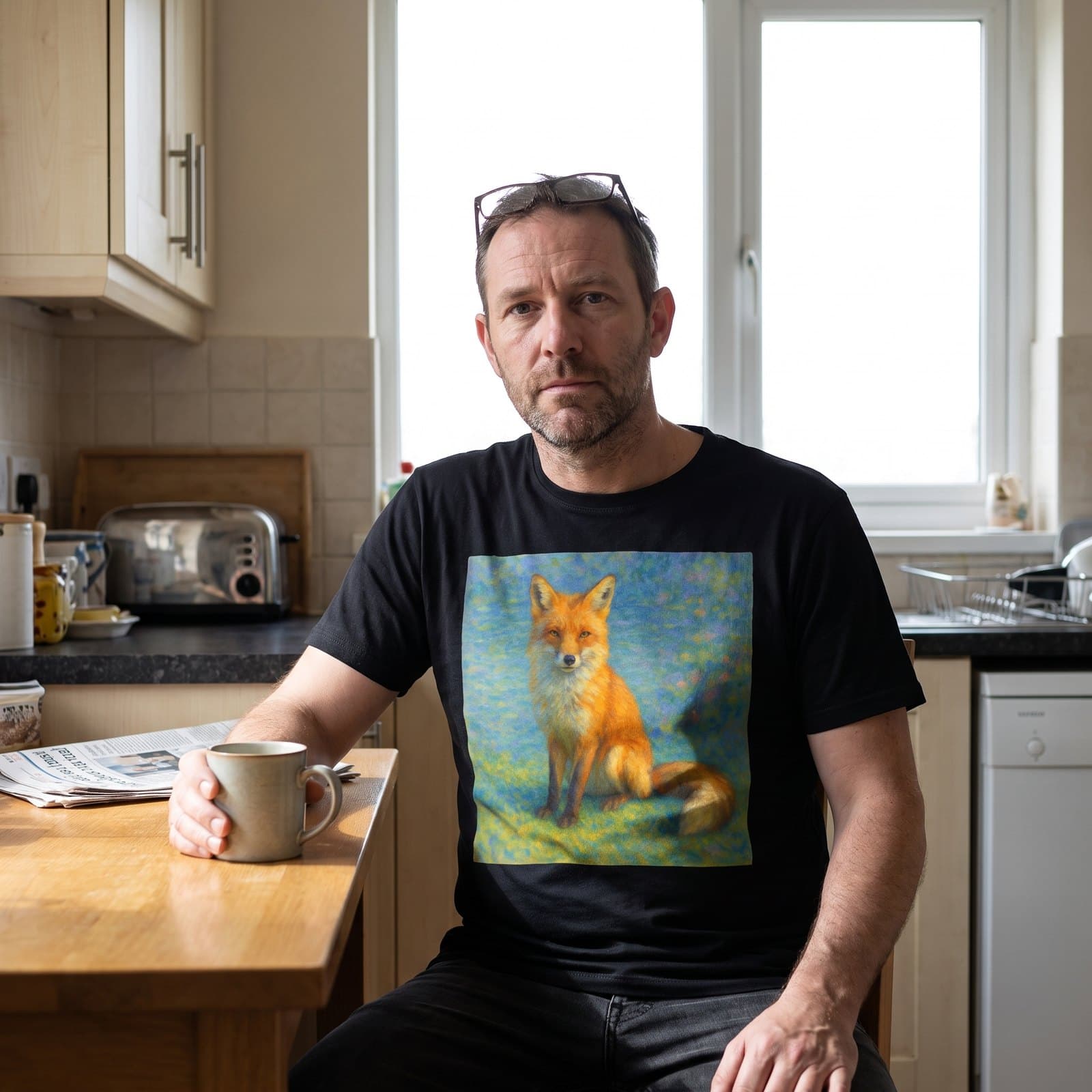 A man at a kitchen table wearing a t-shirt printed with a painted fox portrait